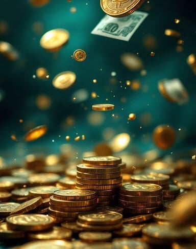 Golden Bitcoin coins and paper currency floating in the air, symbolizing secure digital investment g