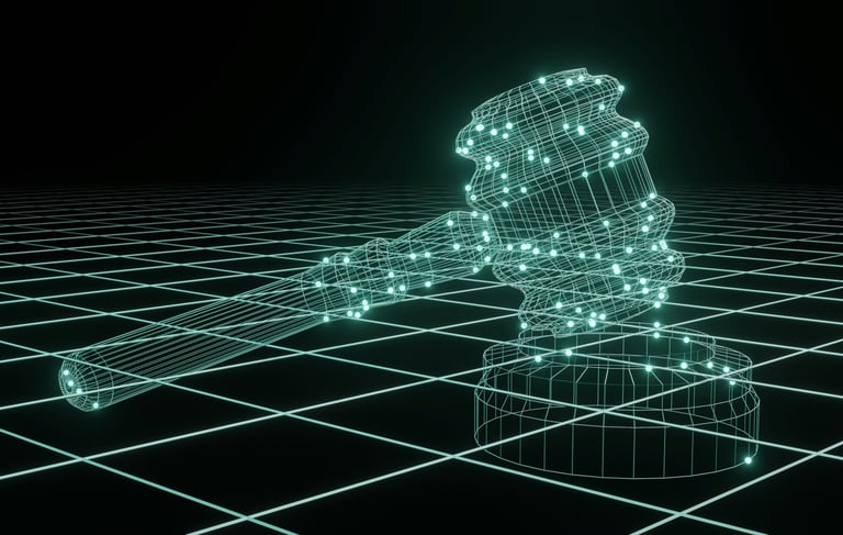 3D digital judge’s gavel with blockchain-inspired design on a dark background, symbolizing fairness