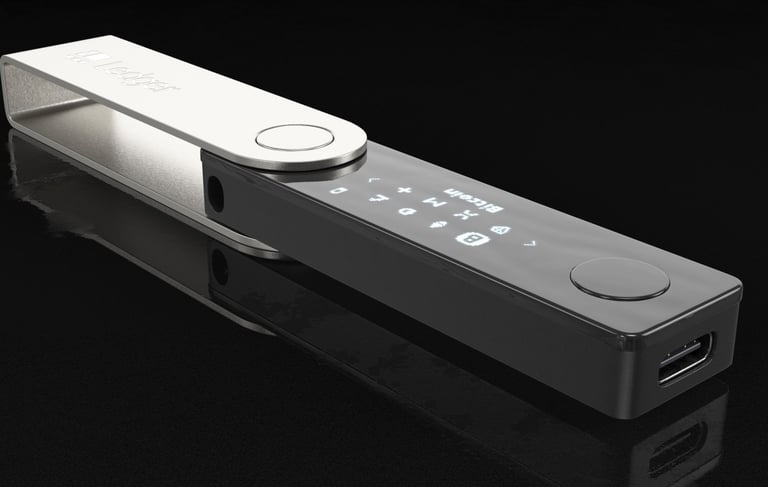 Ledger Nano X hardware wallet with Bluetooth connectivity, representing secure crypto storage."