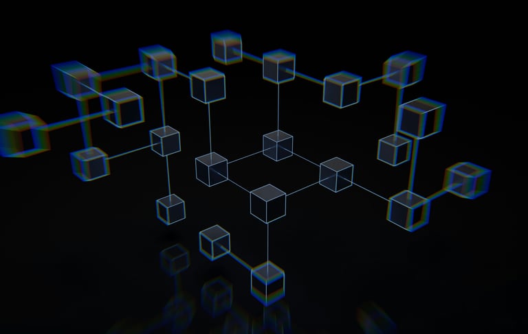 3D blockchain illustration showing decentralized finance concept.