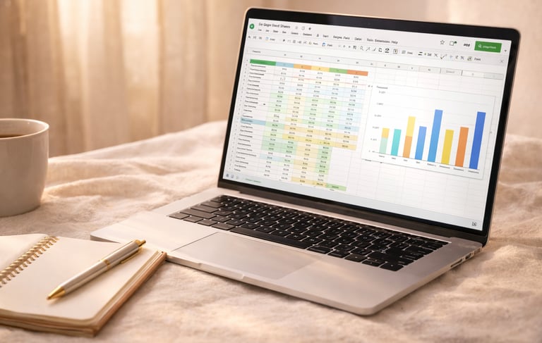 clean workspace with laptop showing spreadsheet, notebook and pen in warm natural light