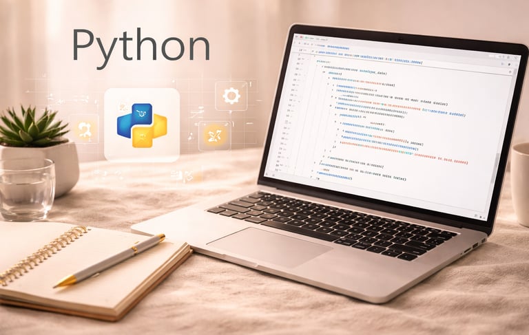 Python programming workspace with laptop displaying code, notebook and pen on desk, representing data automation & scripting
