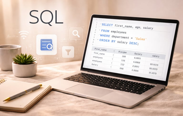 Laptop displaying SQL query with data table results on screen, representing structured data analysis and database querying