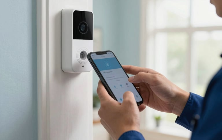 A close-up photography shot in a bright North American home showing a professional technician's hands using a smartphone to configure a modern video doorbell mounted on a clean white door frame. The background is softly out of focus. Lighting is natural and bright. Colors featured include soft blue and navy.