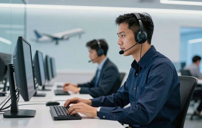 A professional South American / Brazilian technician in a modern, well-lit telecommunications office, wearing a high-quality headset and working on a sleek computer setup. The environment is clean and technologically advanced, with soft focus on aviation-themed elements in the background. The scene uses a professional palette of dark blue and light blue with bright, efficient lighting.