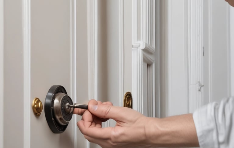 A person using a specialized tool for locksmithing to pick a round deadbolt lock on a white wooden door.