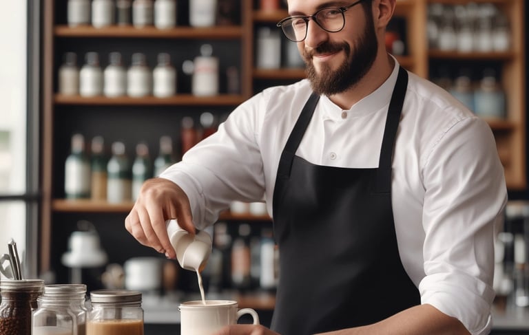 A bearded male barista wearing glasses and a black apron pours milk into a coffee mug at a cafe.