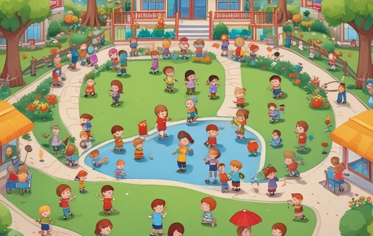 Illustration of children playing in a colorful school park with a blue pond and red-roofed buildings.