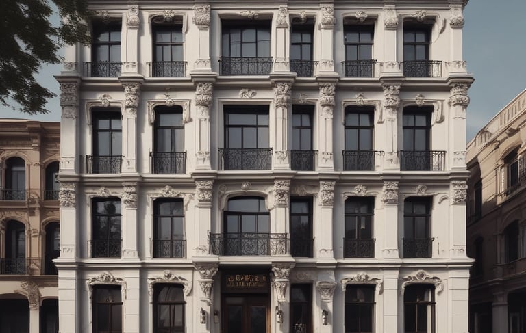 Ornate neoclassical apartment building facade with white stone carvings and wrought iron balconies.