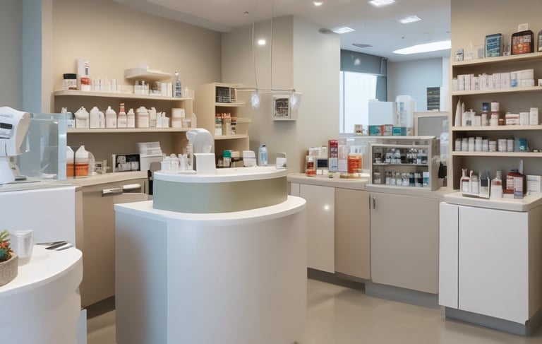 Modern pharmacy interior featuring clean white counters and stocked shelves of medical supplies and health products.