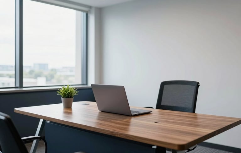 A clean, modern professional workspace in a North American corporate building. A high-end wooden desk with a minimalist laptop and a small green plant. Bright, natural lighting coming from a large window. The scene features dark navy and steel blue accents against pale mist walls. 4k resolution, sharp focus, architectural photography style.