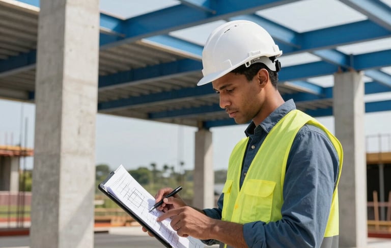 Professional architectural photography in a South American Brazilian setting showing a civil engineer in a white hard hat and reflective safety vest checking structural plans on a large digital tablet. The scene is a modern, high-tech construction site with clean concrete pillars and steel blue structural elements under bright, natural daylight, reflecting professionalism and expertise.