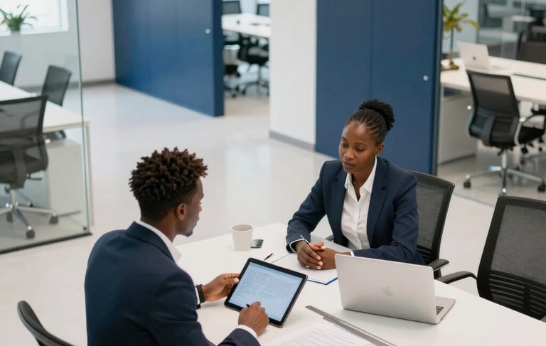 A clean and modern high-angle photograph of a professional meeting in a bright Sub-Saharan Africa / Pan-African corporate hub. Two consultants and a business owner are discussing strategy over tablets and laptops. The office features white walls, navy blue glass partitions, and abundant natural light, reflecting trust and strategic growth.