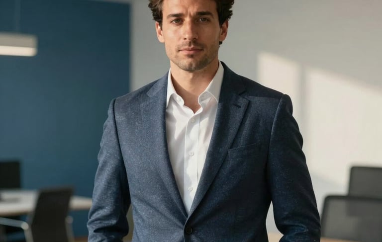 A professional portrait of a man in his late 30s in a smart-casual blazer, exuding confidence and authority, standing in a contemporary office setting in Barcelona, Spain. The background features muted blue and soft off-white tones with clean architectural lines and natural sunlight. High-quality photography with a professional depth of field.