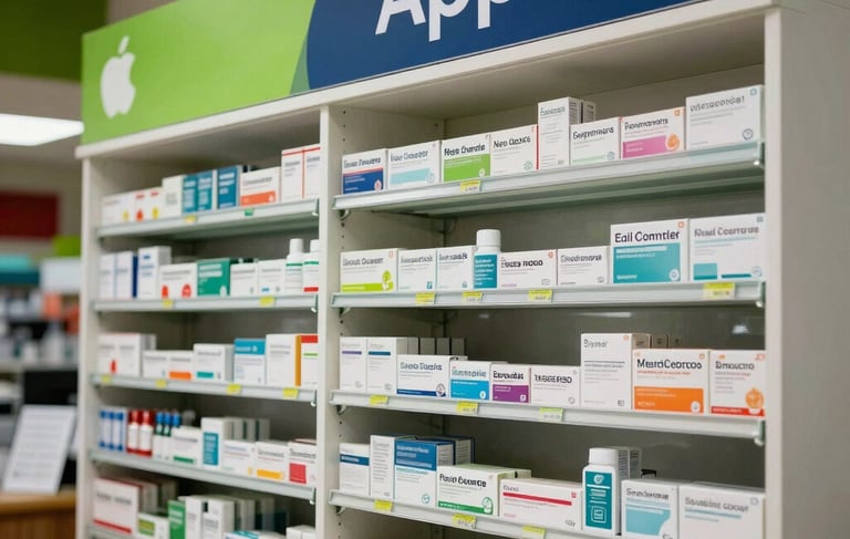 Detailed photography of a professional pharmacy display in a South American Colombian neighborhood, showcasing neatly arranged medical products, Apple Green and Navy Blue brand colors visible on signage, warm daylighting, clean and friendly atmosphere.