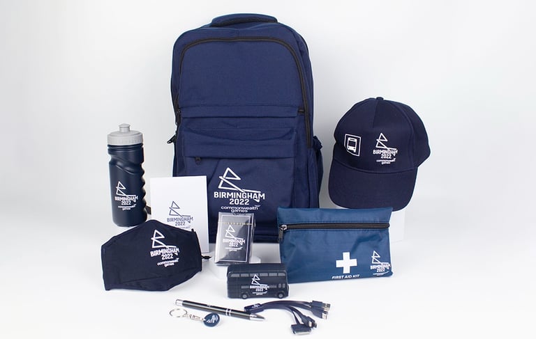 Birmingham 2022 Commonwealth Games merchandise kit with backpack, cap, drinkware and accessories