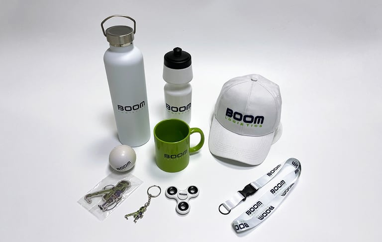 Industrial services company merchandise kit with branded bottles, cap, lanyard and accessories
