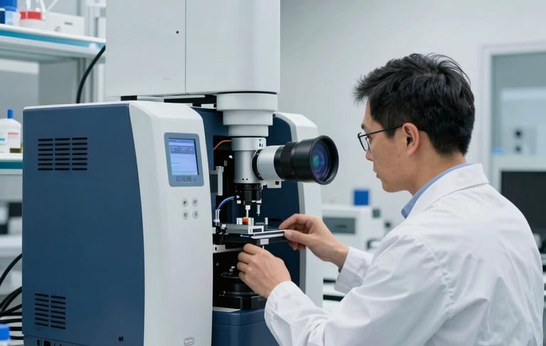 A high-precision scientific environment in North American / US, featuring a researcher in professional attire working with a sophisticated life sciences diagnostic machine. The laboratory is bright with clinical lighting, accented by Oxford blue and light blue equipment. The composition is clean and modern, emphasizing cutting-edge innovation and scientific reliability.