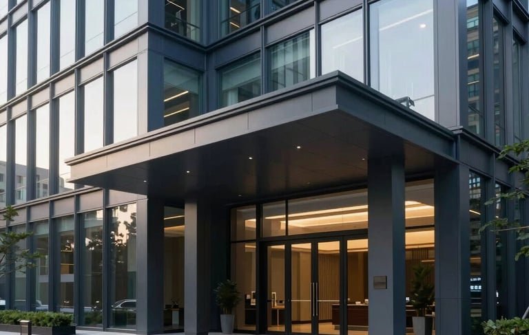 Clean, wide-angle architectural photography of a professional office building entrance in a modern North American urban setting. The scene features minimalist design, glass facades, and a sophisticated atmosphere with soft morning light. The color palette includes hints of Navy blue and Slate grey to convey efficiency and trustworthiness.