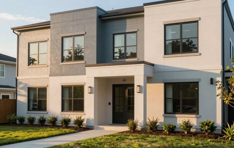 A professional architectural photograph of a well-maintained, modern residential co-living property in Maryland, North American / US. The building features clean lines and a welcoming front entrance. The lighting is warm golden hour sun, casting soft shadows across the manicured lawn. The palette includes muted blue-gray and soft sage green, conveying a sense of reliability, safety, and modern comfort.