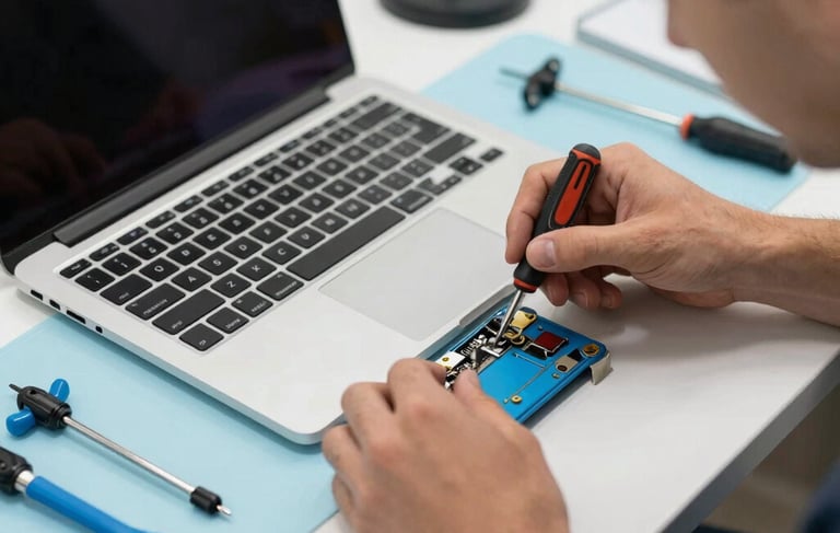 A professional technical workspace in Portugal with a high-end laptop being repaired. A technician's hands are visible using a precision screwdriver. The desk is organized with light grey tools and sky blue accents. The lighting is clean and natural, reflecting a reliable and modern service environment.