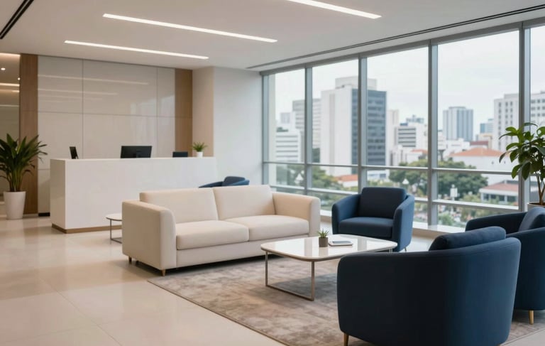 A wide-angle professional photograph of a modern, clean South American / Brazilian corporate office lobby. The scene features minimalist furniture in off-white and dark blue, with soft natural lighting and a large window showing a blurry city view of São Paulo. The atmosphere is sophisticated and welcoming.