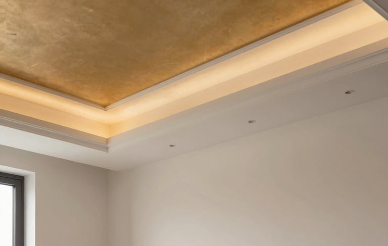 Architectural photography of a luxurious living room in a Southern European / Italian apartment. The focus is on a sophisticated coffered drywall ceiling with amber gold recessed lighting. The walls are a smooth off-white finish. The composition is clean and modern, highlighting professional craftsmanship and elegant construction details.