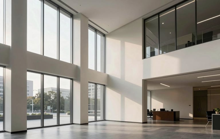 Professional minimalist office lobby in a North American city, featuring large glass windows, clean off-white walls, and charcoal gray accents. Soft morning light, architectural photography style, wide-angle composition.