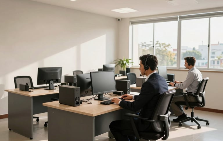 A wide-angle photography of a clean and modern tele-service office in South American / Brazilian setting. Two professional agents are sitting at ergonomic desks with modern headsets, working in a space featuring off-white walls, charcoal furniture accents, and soft, natural morning light coming through large windows.