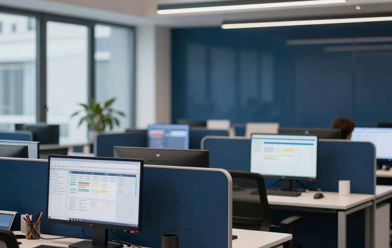 A high-end photography of a modern engineering office in the La Défense district of Paris, Western European / French setting. The scene features a clean, professional workspace with glass partitions and sophisticated lighting. In the background, out-of-focus computer screens show project management dashboards. The color palette is dominated by dark blue and medium blue with off-white architectural highlights, conveying strategic reliability.