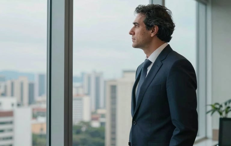 A sophisticated South American business setting in São Paulo, featuring a professional mentor looking out from a high-rise office window. The room is filled with soft natural light, reflecting tones of medium blue and pale blue. The composition is clean and modern, evoking a sense of renewed professional opportunity and empowerment.
