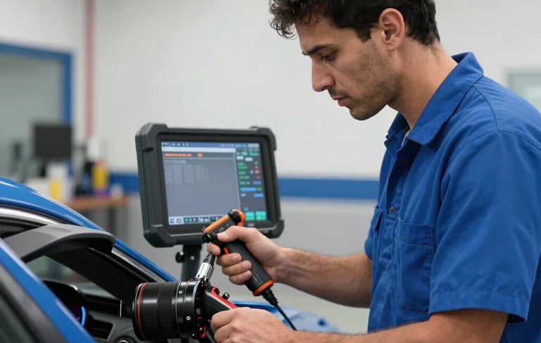 A professional South American automotive technician in a clean, modern workshop, using a professional diagnostic scanner on a car dashboard. The scene features deep blue and white accents, soft natural lighting, and a focused, reliable atmosphere.