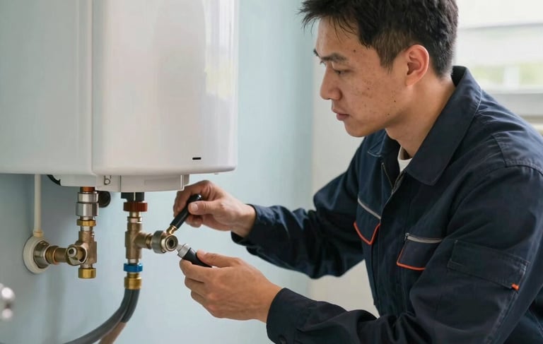 A crisp, professional photograph of an experienced plumber in a dark navy uniform inspecting a modern water heater in a North American / US home. The background features light blue and off-white textures, suggesting a clean and reliable service environment. Soft daylight illuminates the scene, highlighting high-quality craftsmanship.