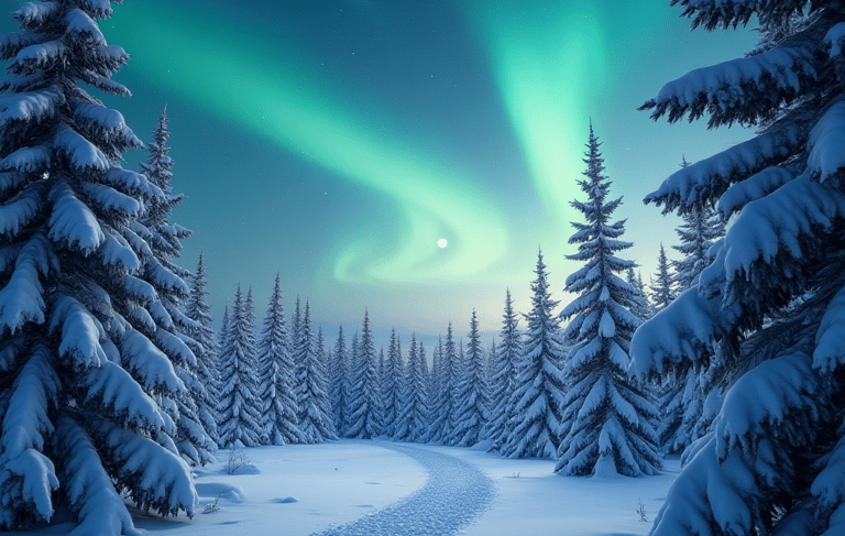 revontulet pohjoisen kuusimetsän yllä