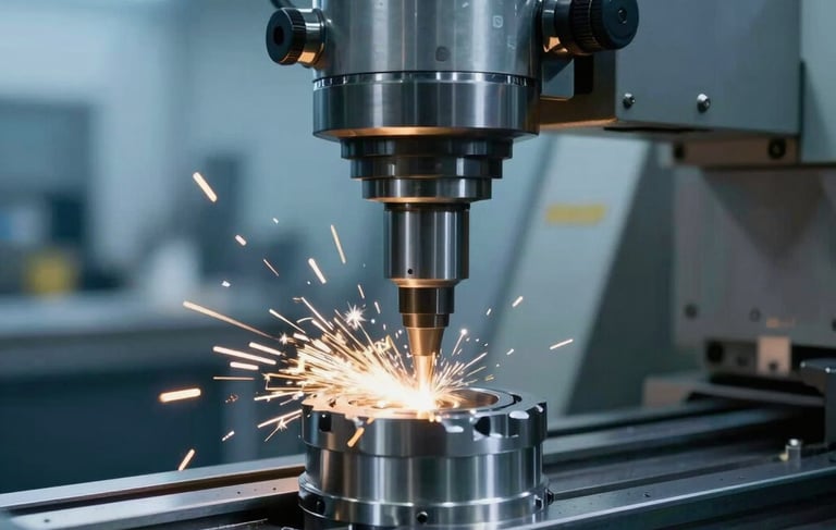 Close-up of a high-precision CNC lathe working on a metallic part in a modern Brazilian industrial workshop. Clean setting with cool blue ambient lighting and warm gold sparks or highlights from the machining process. Professional photography, sharp focus on the precision tool, industrial atmosphere.