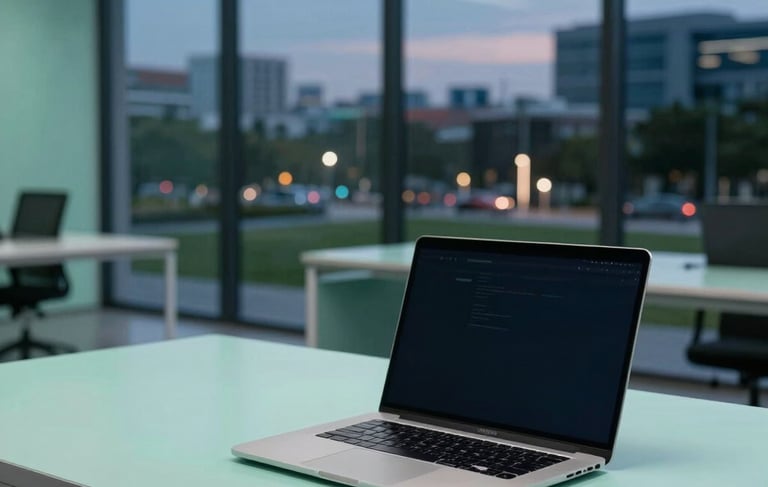 A professional South American / Brazilian office setting with a clean, modern aesthetic. A minimalist desk features a sleek silver laptop and a smartphone. The background shows large glass windows overlooking a tech park at dusk. The lighting is cool with accents of mint green and dark blue, reflecting a high-tech corporate atmosphere.
