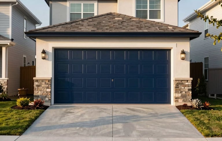 A professional photograph of a modern North American house featuring a pristine dark blue carriage-style garage door. The driveway is clean light gray concrete, and the surrounding yard is neatly landscaped. The lighting is bright and clear golden hour sunshine, emphasizing the durability and expert finish. The setting is a quiet US suburban neighborhood street, conveying trust and premium service quality.