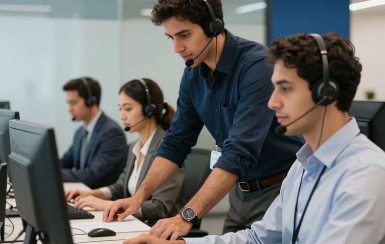 Modern office interior in São Paulo with professional South American staff wearing headsets, engaged in supportive customer service. Bright lighting, clean desks, and a background featuring glass partitions with soft blue and navy blue accents. Professional and efficient atmosphere.