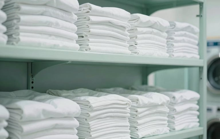 Clean and bright photography of a professional laundry facility in Porto-Vecchio, Southern Europe. Soft natural light illuminates stacks of fresh white linens on minimalist shelves. The palette features soothing shades of light blue and sage green, projecting a modern and serene atmosphere.