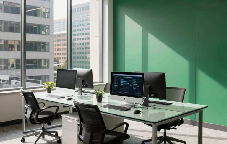 A clean, modern North American collaborative office space in a downtown skyscraper. Minimalist glass desks, professional digital marketing workstations, and an emerald green accent wall. Bright natural daylight streaming through large windows, creating a professional and confident atmosphere.