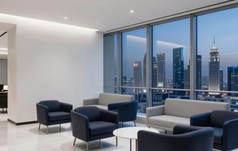 A professional, high-end photograph of a sleek business lounge in Riyadh, Saudi Arabia. The setting features clean architectural lines, premium minimalist furniture, and a window with a view of the city skyline at dusk. The atmosphere is results-driven and modern, incorporating a color palette of white, light gray, and deep navy blue.