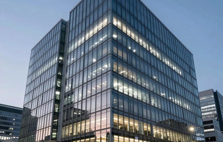 A sharp, wide-angle photograph of a sleek, modern corporate headquarters at dusk, featuring floor-to-ceiling glass windows and illuminated by sophisticated soft blue and white lighting. International / Business setting with a sense of innovation and forward-thinking intelligence. Soft focus on a clean architectural skyline in the background.