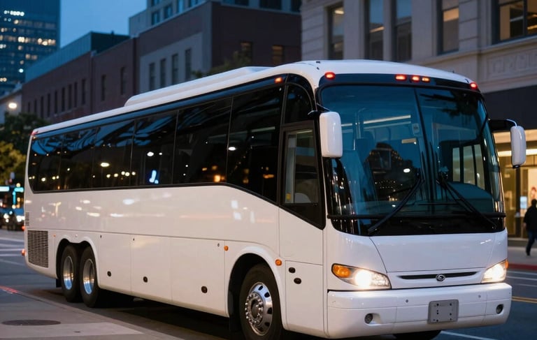 A high-end, wide-angle photograph of a sleek white motorcoach parked along a clean North American city street at dusk. The bus reflects the ambient city lights. The composition is professional and clean, with a sophisticated atmosphere. Elements of Deep Blue and Muted Blue are visible in the background architecture.