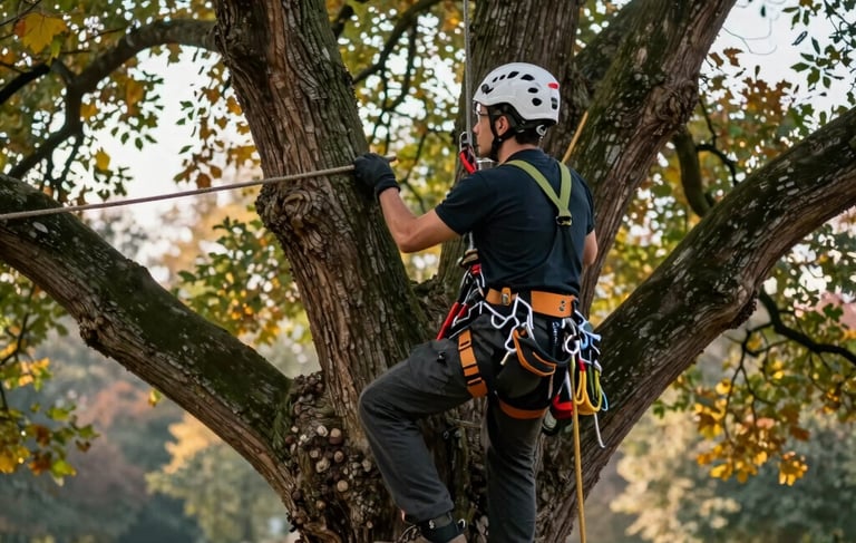 Professional arborist in high-quality safety harness and helmet working on a large ancient tree in a public park, Central European setting in Poland. Soft morning light filtering through autumn leaves, showing specialized climbing ropes and modern equipment. Scandinavian precision aesthetic, professional atmosphere, colors including dark green and sand wood tones.