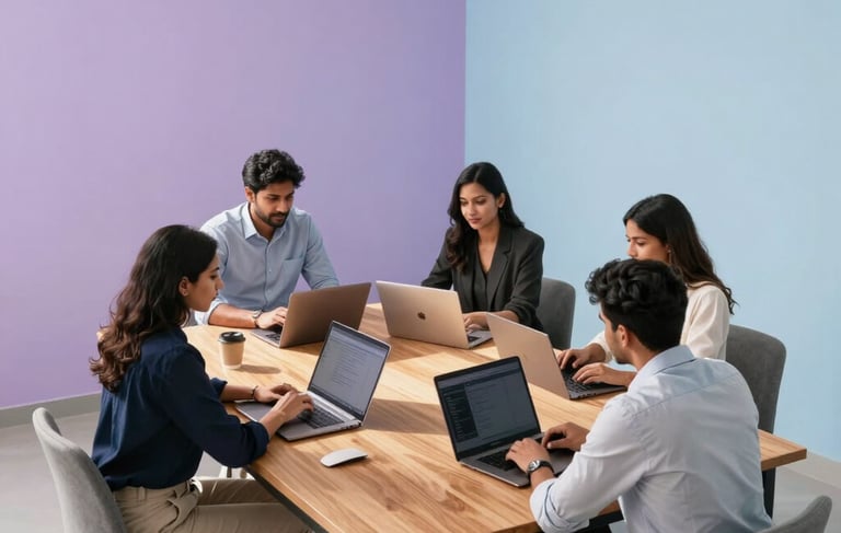 A bright and airy high-angle photography shot of a modern office space in Pune, South Asian / Indian professionals collaborating around a large wooden table with laptops, background features soft lavender and light blue gradients on the walls, minimal and clean aesthetic with natural sunlight.