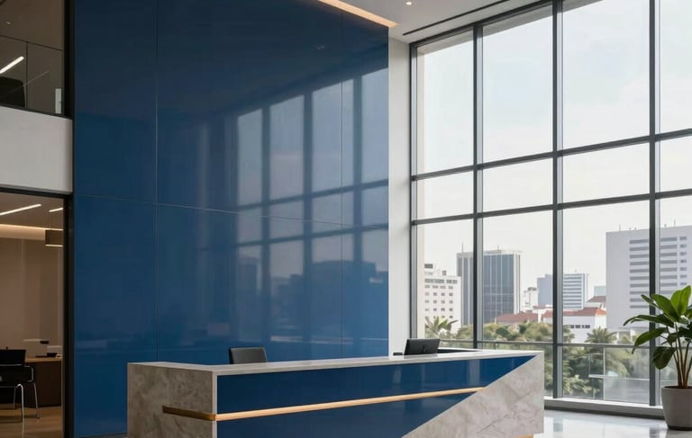 A high-end, professional corporate office reception area in a Brazilian city. Minimalist design with glass and stone materials, accented with deep blue and steel blue colors. Soft morning lighting coming through large floor-to-ceiling windows. Professional and solid atmosphere, South American / Brazilian architecture.