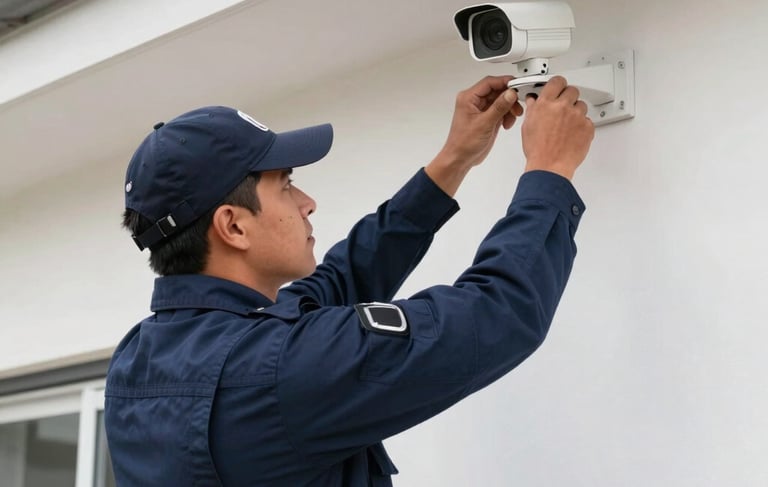 A professional South American security technician in a navy blue uniform installs a high-tech surveillance camera on the clean white exterior wall of a modern home. The scene is bright and clear, projecting reliability and expertise. Professional photography.