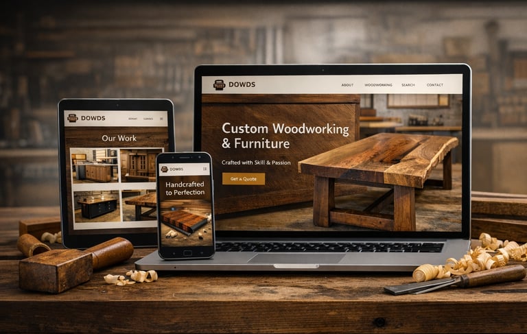 Custom woodworking website displayed on a laptop, tablet, and smartphone in a woodworker workshop.
