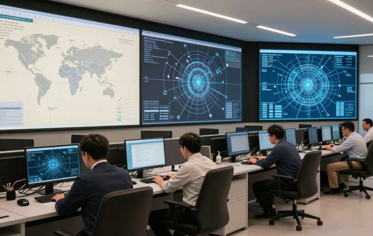 A wide photography shot of a sleek, global IT operations center in Istanbul with large screens showing network maps, illuminated with off-white and medium blue tones, conveying innovation and reliability.