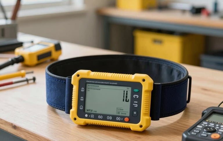 A professional Oceanian electrician's equipment belt and modern diagnostic tools resting on a clean wooden workbench in a bright New Zealand workshop. Soft natural light, navy blue and electric yellow highlights in the background, clean and professional architectural photography style.